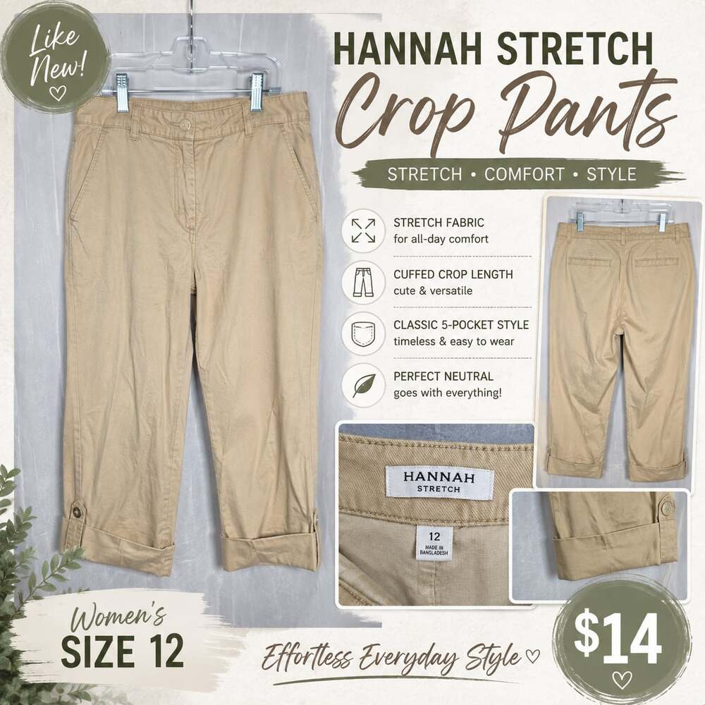 Hannah Stretch Women’s Size 12 Beige Cuffed Crop Pants Stretch Ankle Pants
